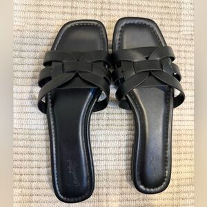 Women's Black Leather Woven Slide Mules Sandals